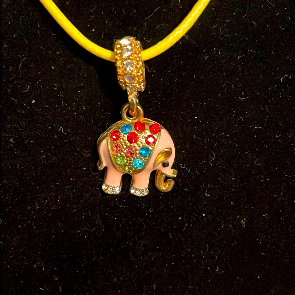 Pink Elephant Jeweled Costume Charm on Yellow 16 Cord With Extension Plus Extra